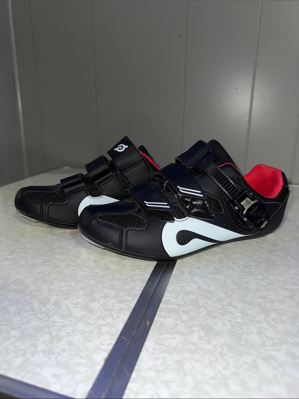 Peloton Black Cycling Shoes with White Accents and Red Interior
